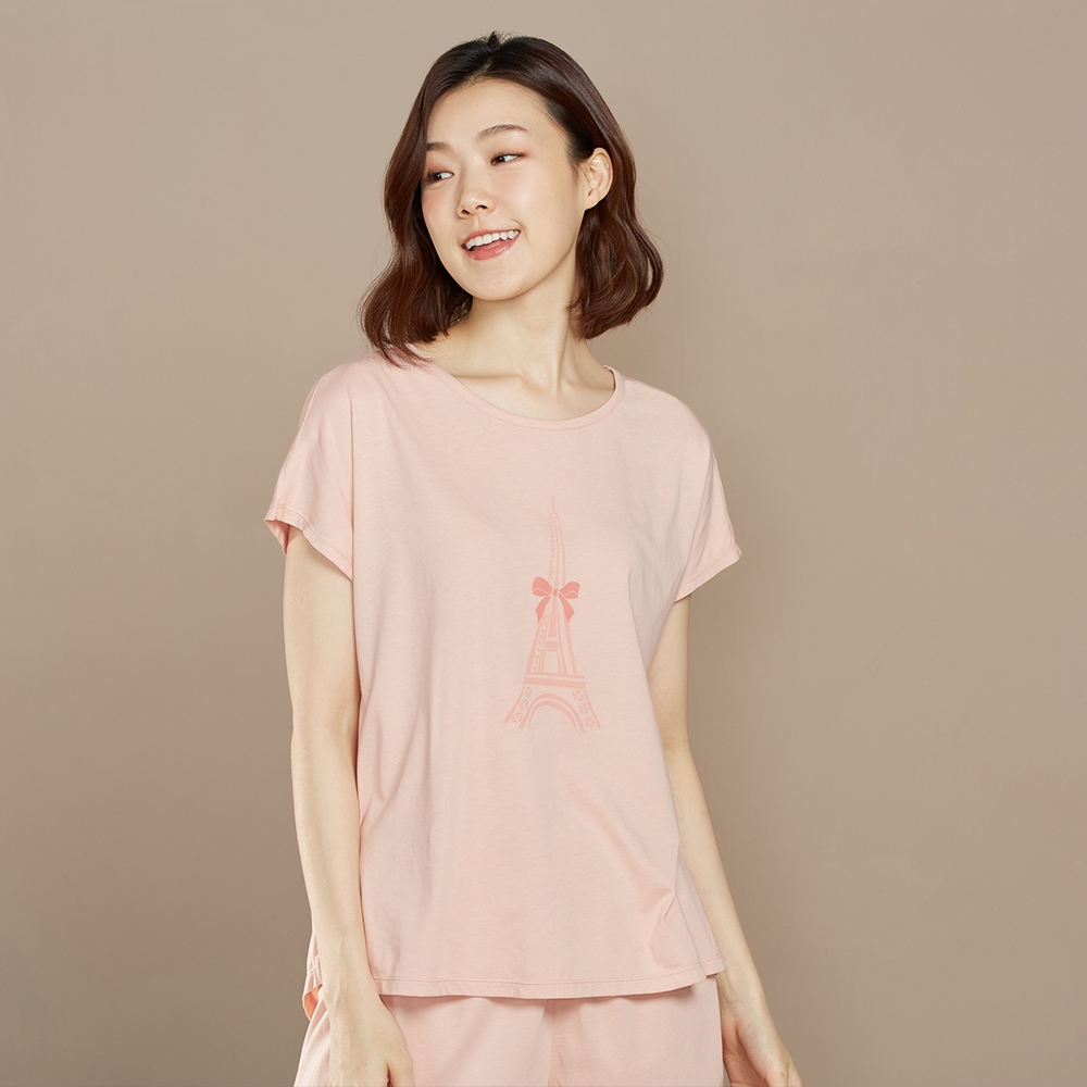 【乳木果】巴黎鐵塔網印短袖上衣-粉橘產品圖