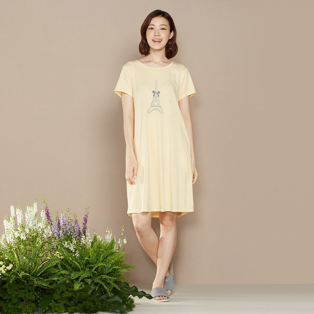 【乳木果】巴黎鐵塔印花短袖洋裝-鵝絨黃產品圖