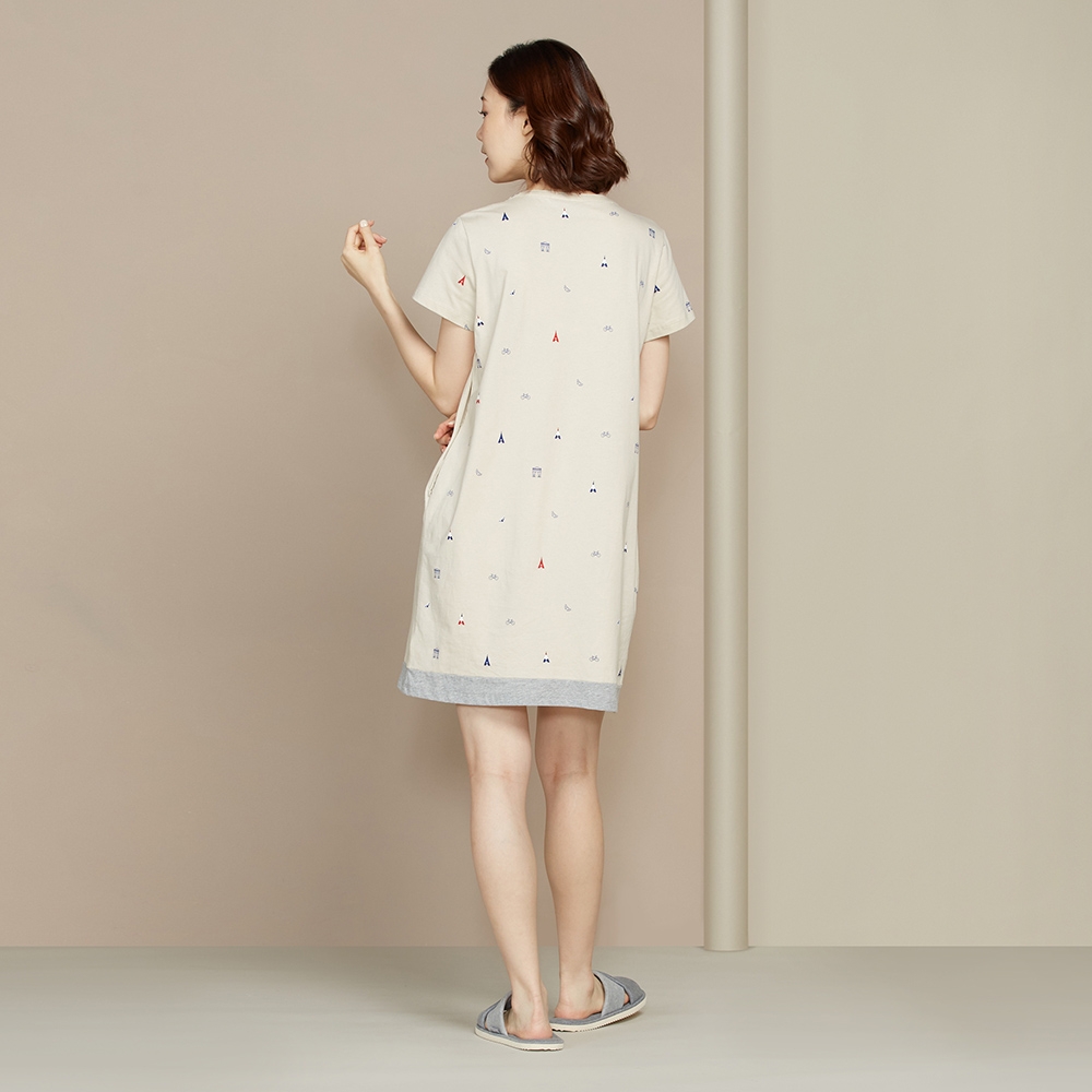 巴黎印花V領短袖洋裝-奶霜杏產品圖