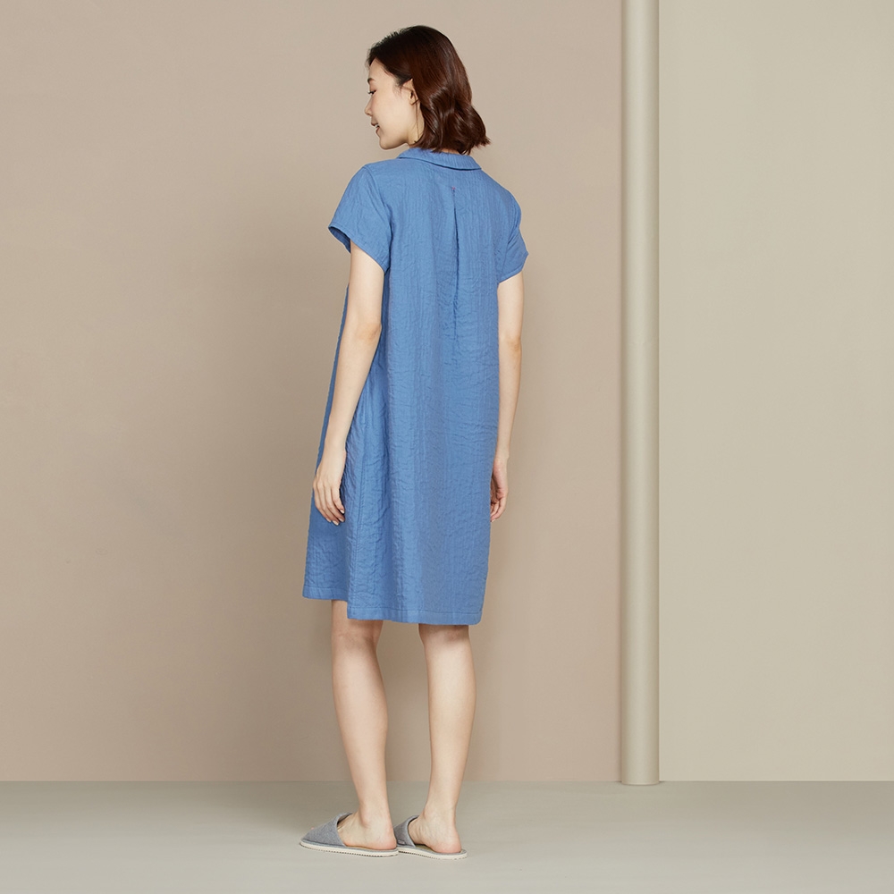 雙層紗半開襟短袖洋裝-藍產品圖